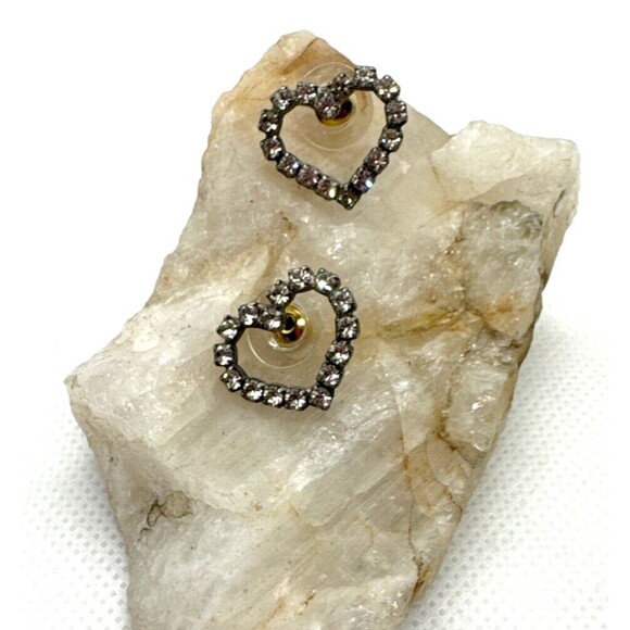 Vintage Clear Rhinestone‎ Silver Tone Heart Shaped Pierced Earrings Retro Glam - Picture 1 of 7